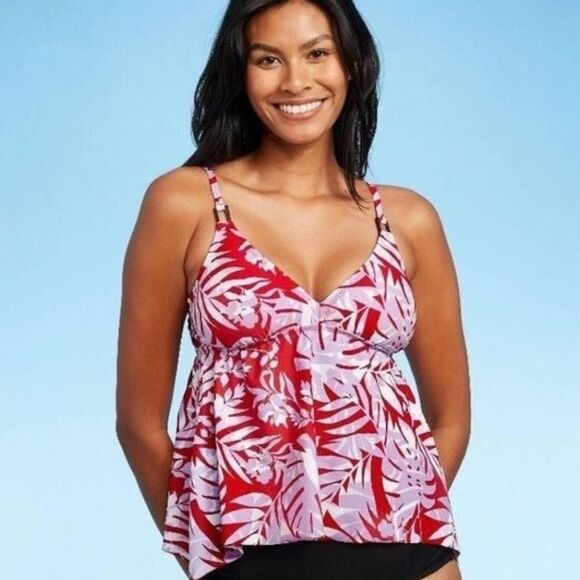 Women's Square Neck Sharkbite Hem Tankini Top Floral - Picture 3 of 3